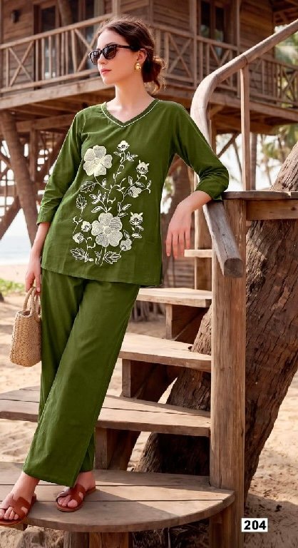 Olive Green Floral Embroidered Co-Ord Set