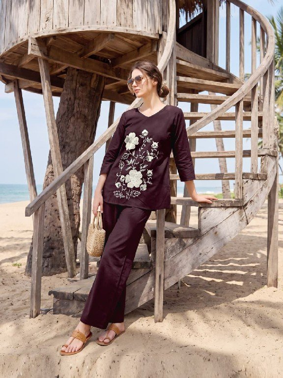 Wine Floral Embroidered Co-Ord Set