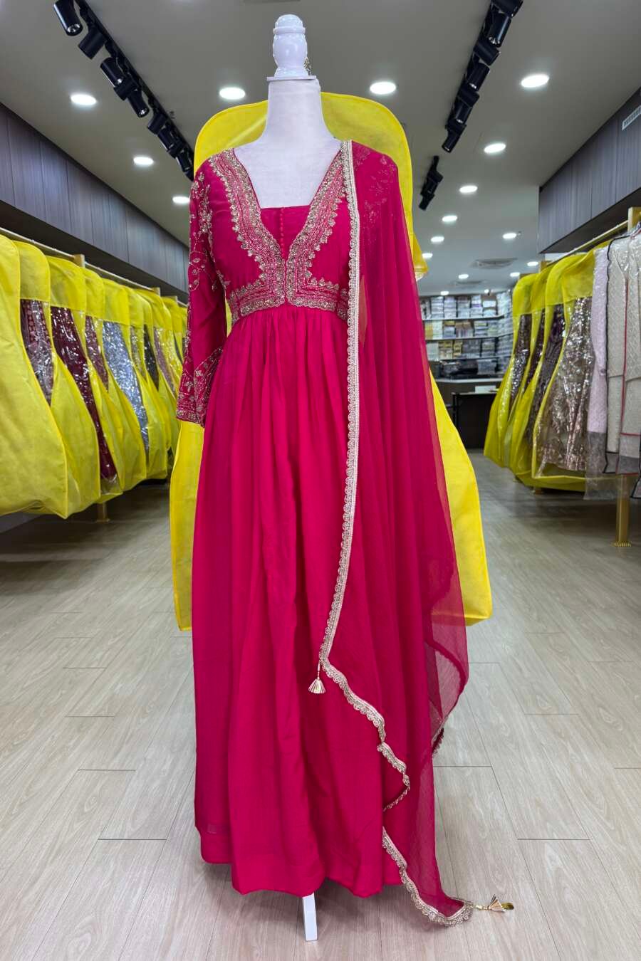 Rani Pink Premium Georgette Heavy Hand Embroidered Padded Anarkali Gown With Chiffon Duppata