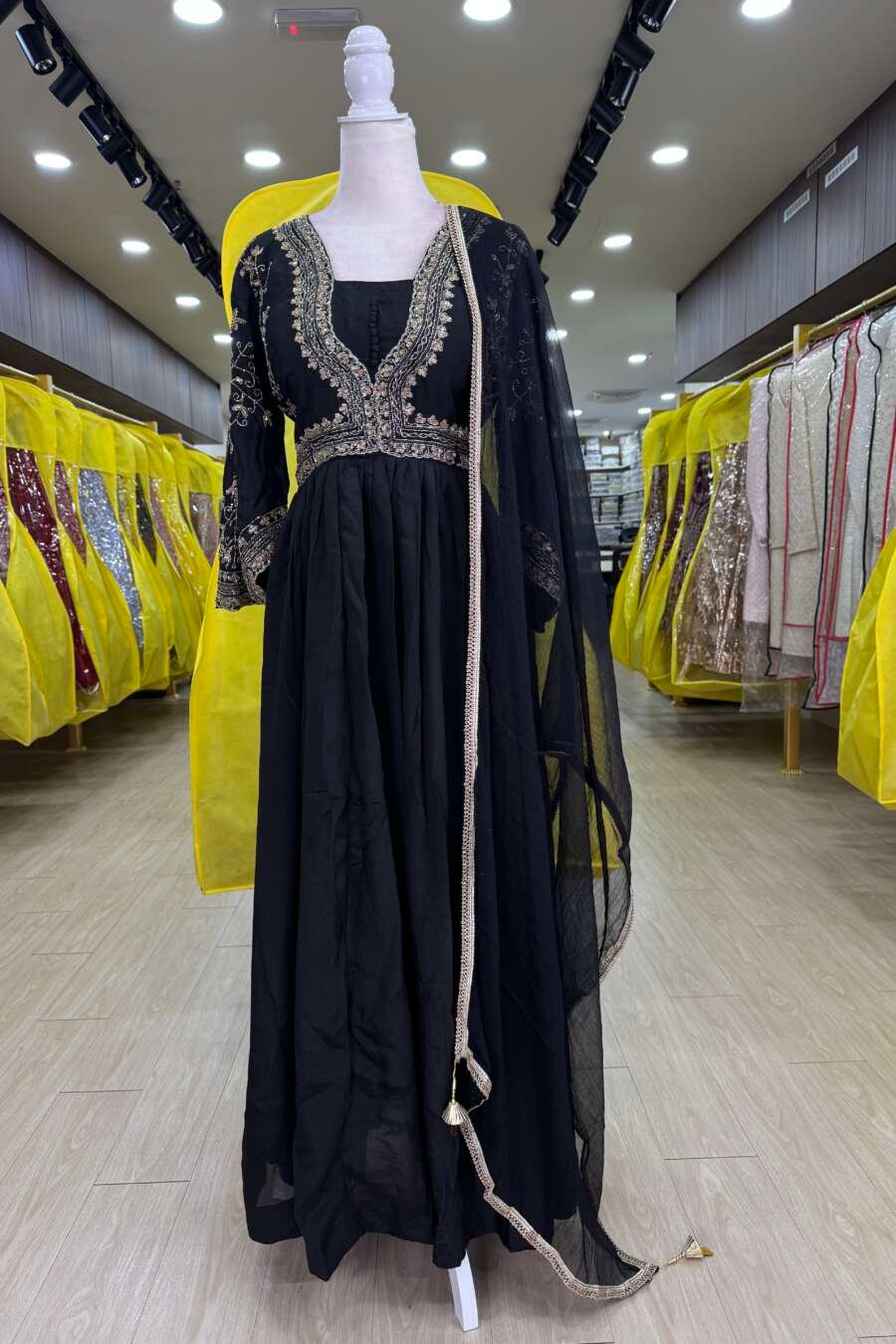 Black Premium Georgette Heavy Hand Embroidered Padded Anarkali Gown With Chiffon Duppata