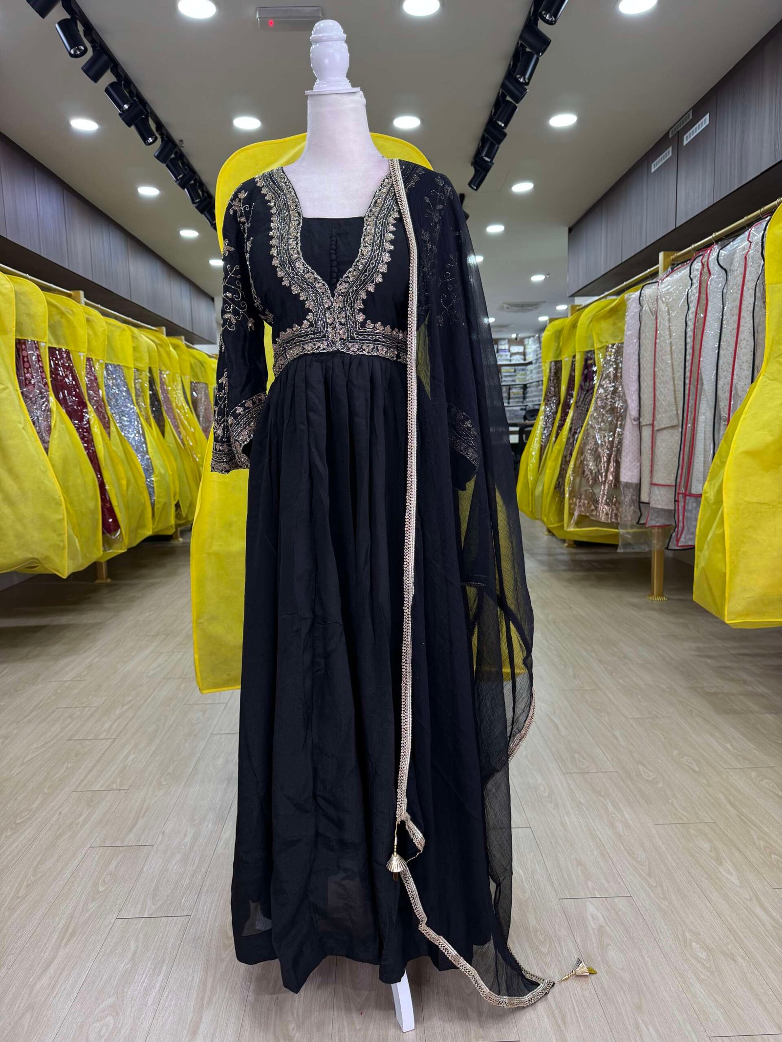 Black Premium Georgette Heavy Hand Embroidered Padded Anarkali Gown With Chiffon Duppata