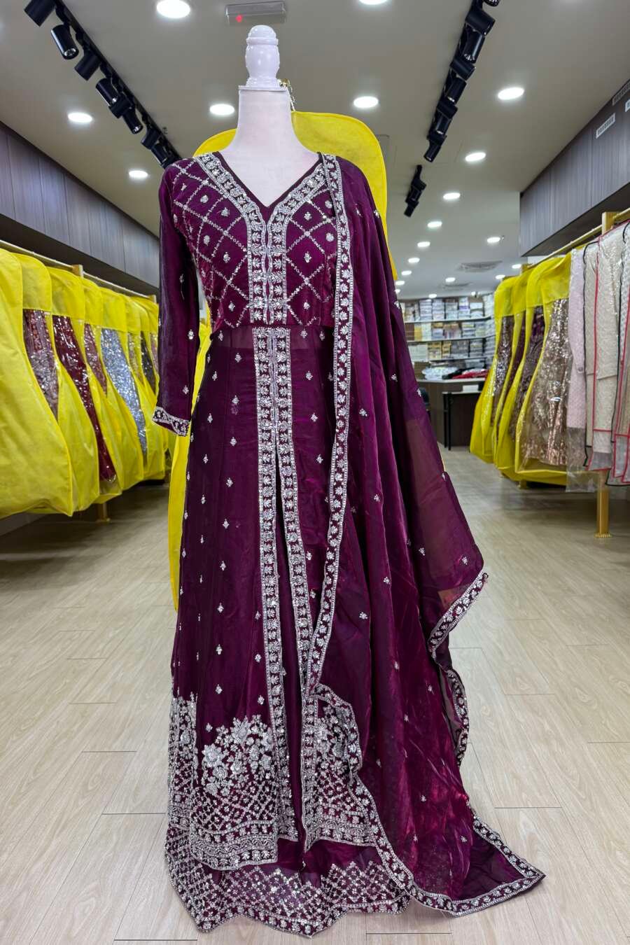 Wine Purple Front Slit Anarkali with Skirt