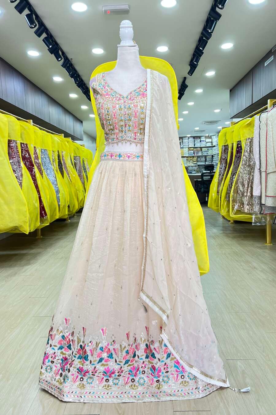 Cream Color Georgette Ready Made Lehenga