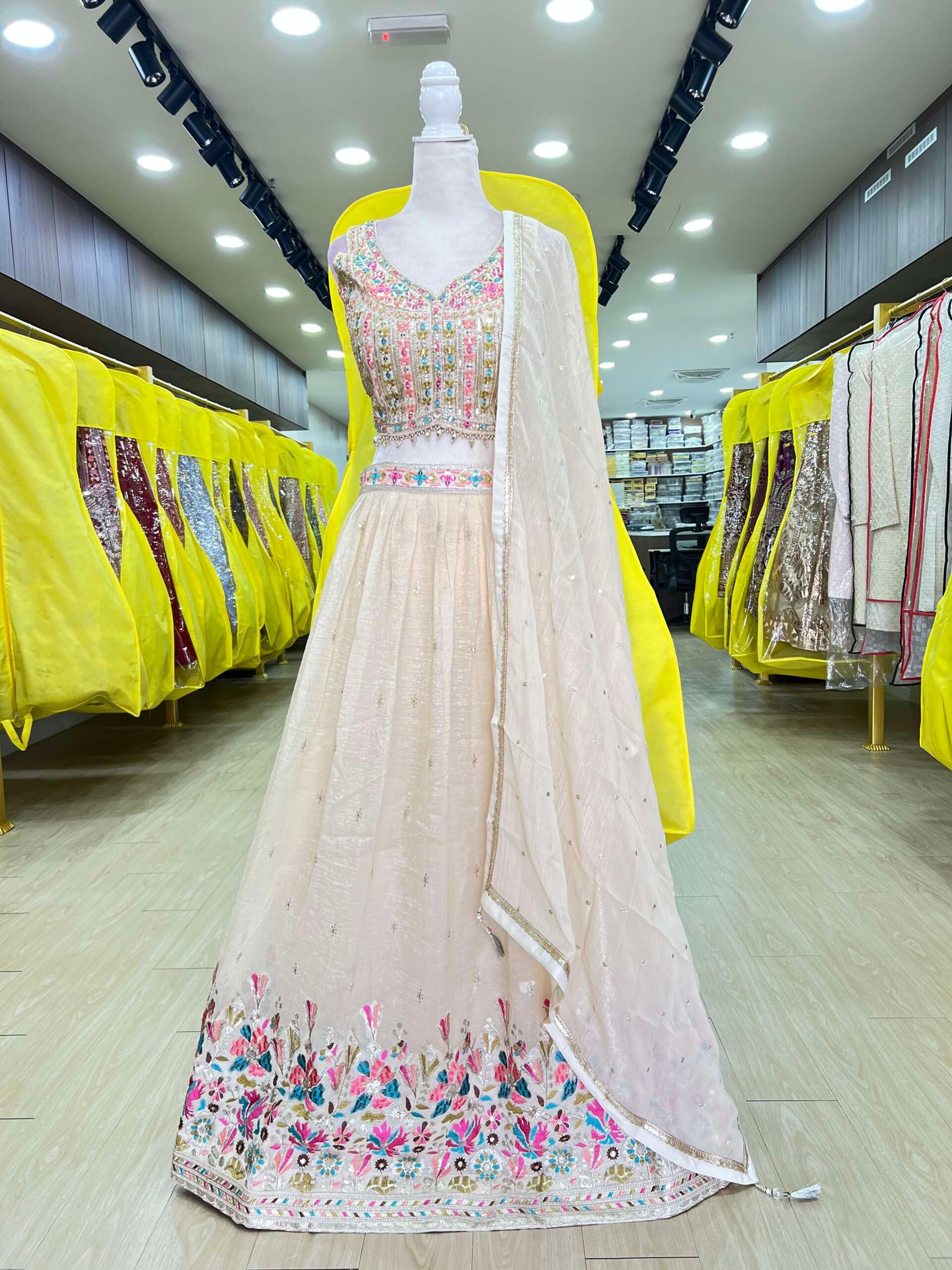 Cream Color Georgette Ready Made Lehenga