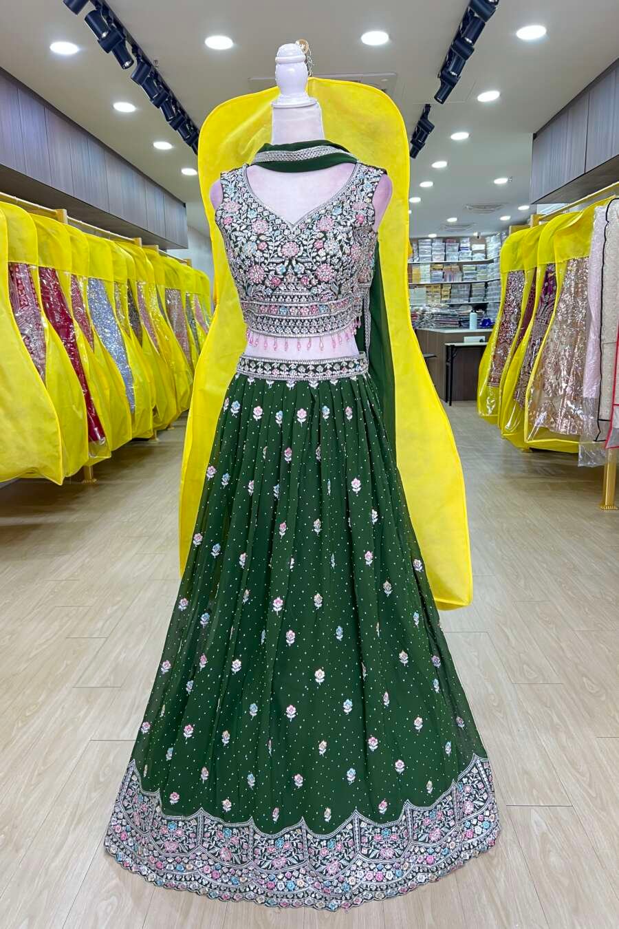 Green Georgette Ready Made Lehenga