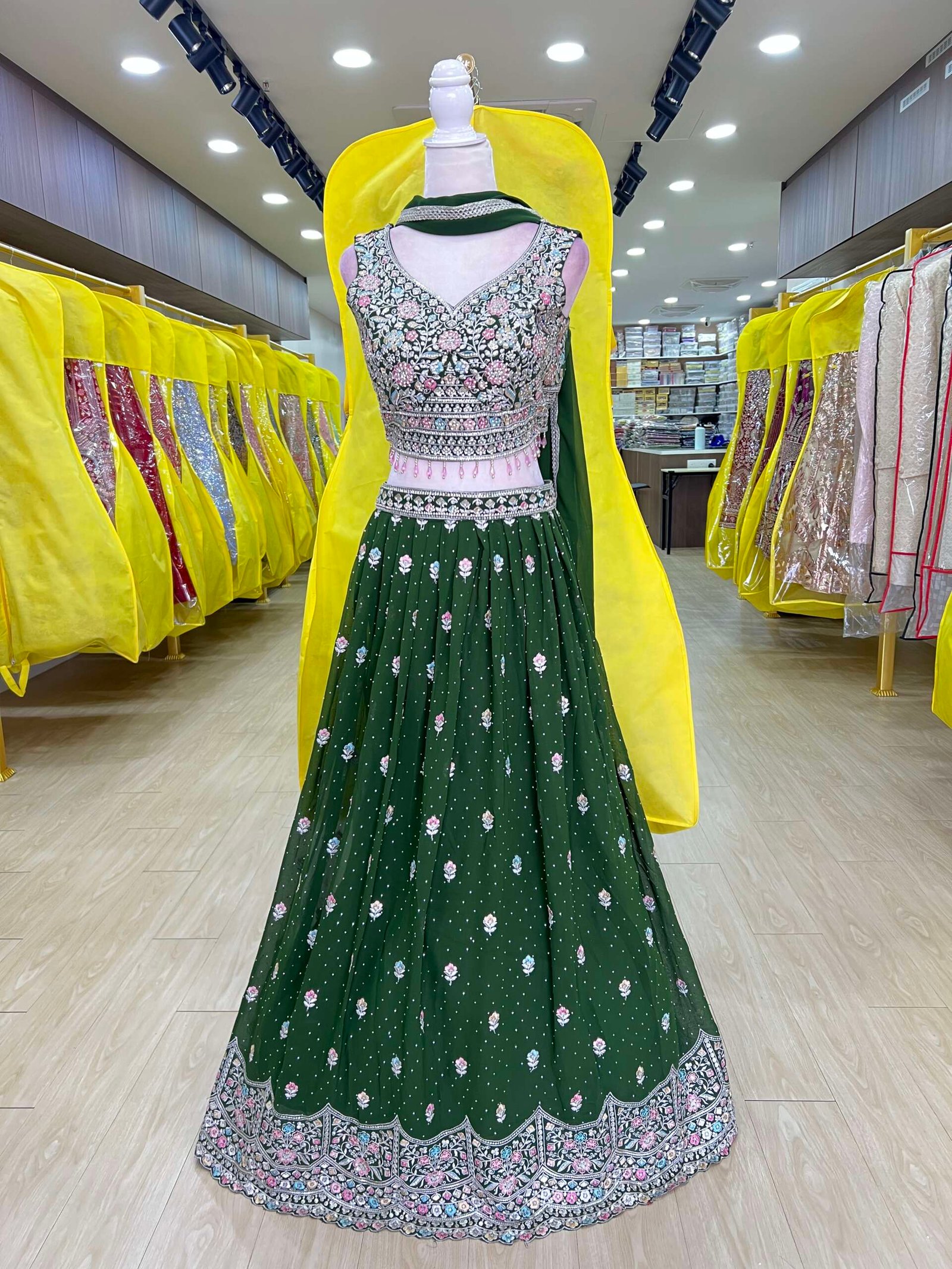 Green Georgette Ready Made Lehenga